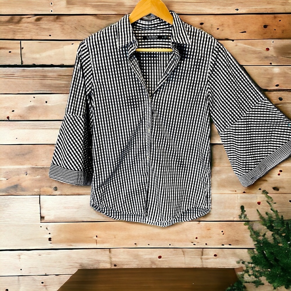 Ralph Lauren Black & White Gingham Bell Sleeve Top